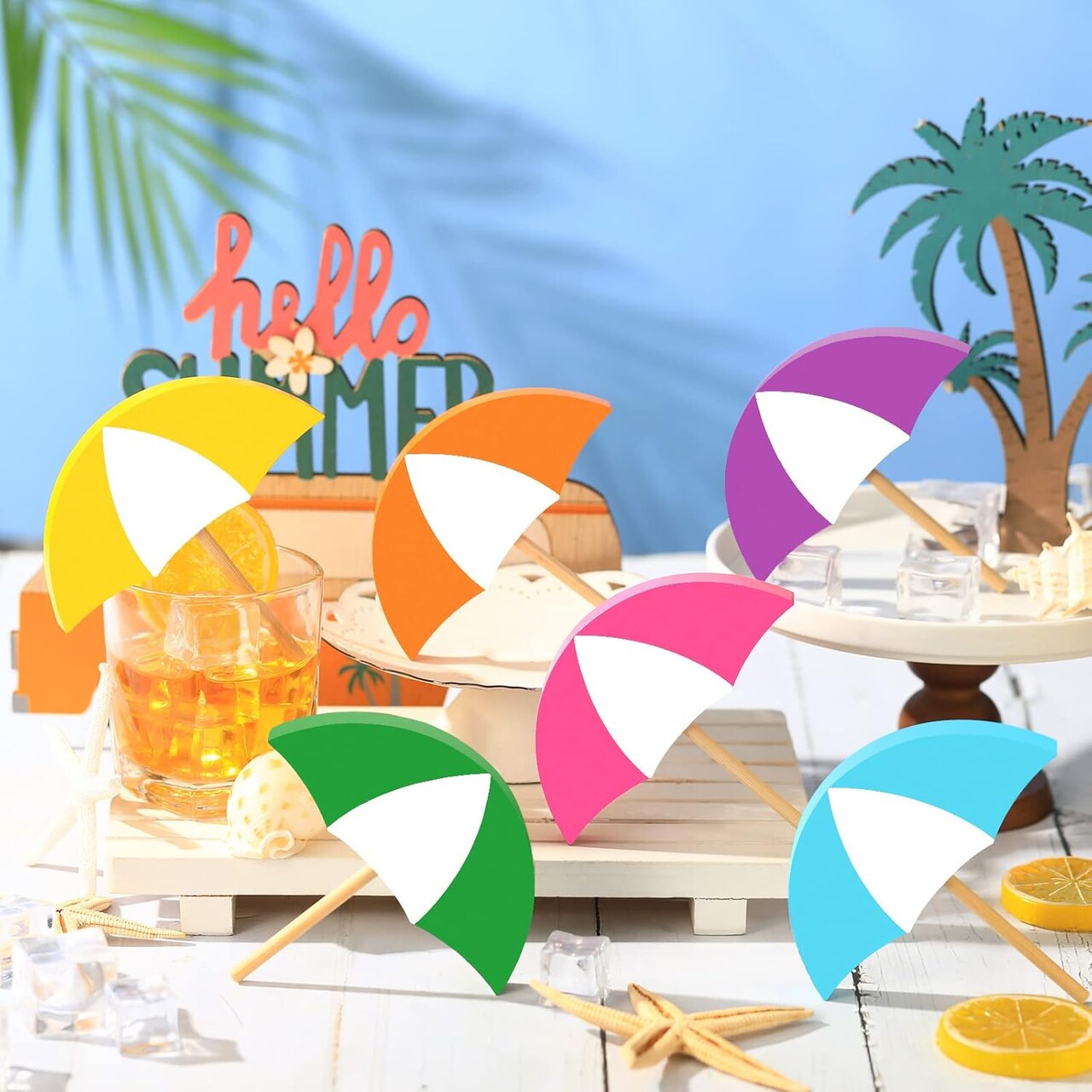 6 Pcs Summer Wooden Decor Colorful Umbrella Table Centerpieces Tiered Tray Decor Set Wooden Sun Shade Parasol Block Signs